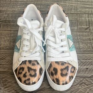 Guess Women's White and Leopard Print Sneakers with Teal Accents